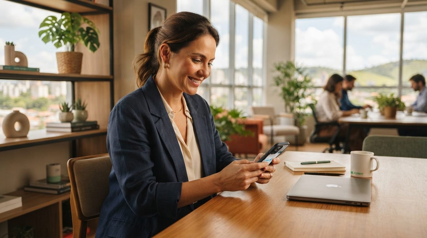 Empreendedor utilizando celular para solicitar capital de giro na Empresa Simples de Crédito.